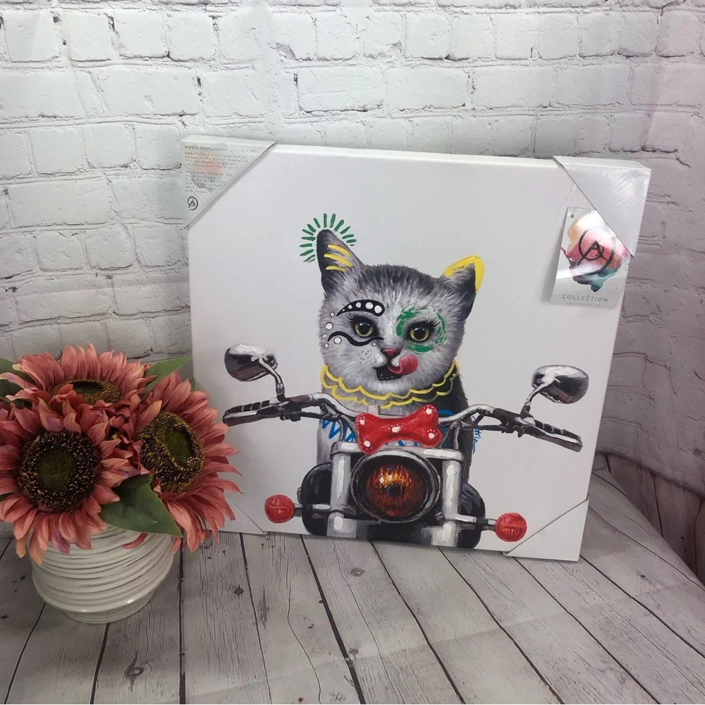 16x16” canvas cat on a motorcycle